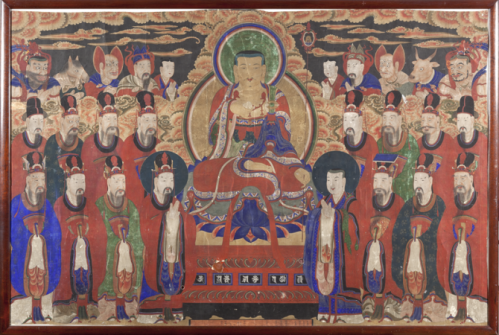Jijang Bosal (Bodhisattva Kshitigarbha) and the Kings of Hell, Korea, late 19th or early 20th century, late Joseon Period (1392–1912). Colors and cloth. Newark Museum, Gift of Dr. and Mrs. John P. Lyden, 2001, 2001.75.1 